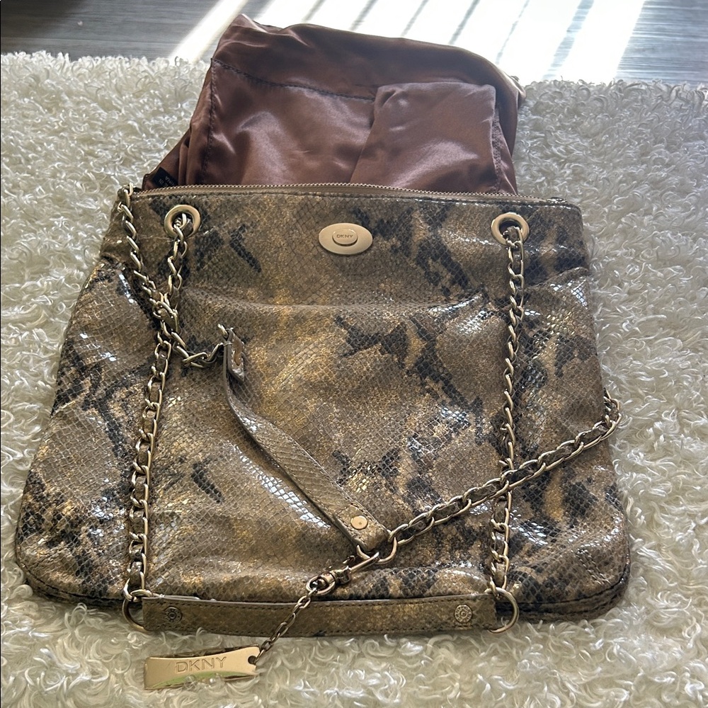 DKNY Tan Snake Print Shoulder Bag with Chain Strap